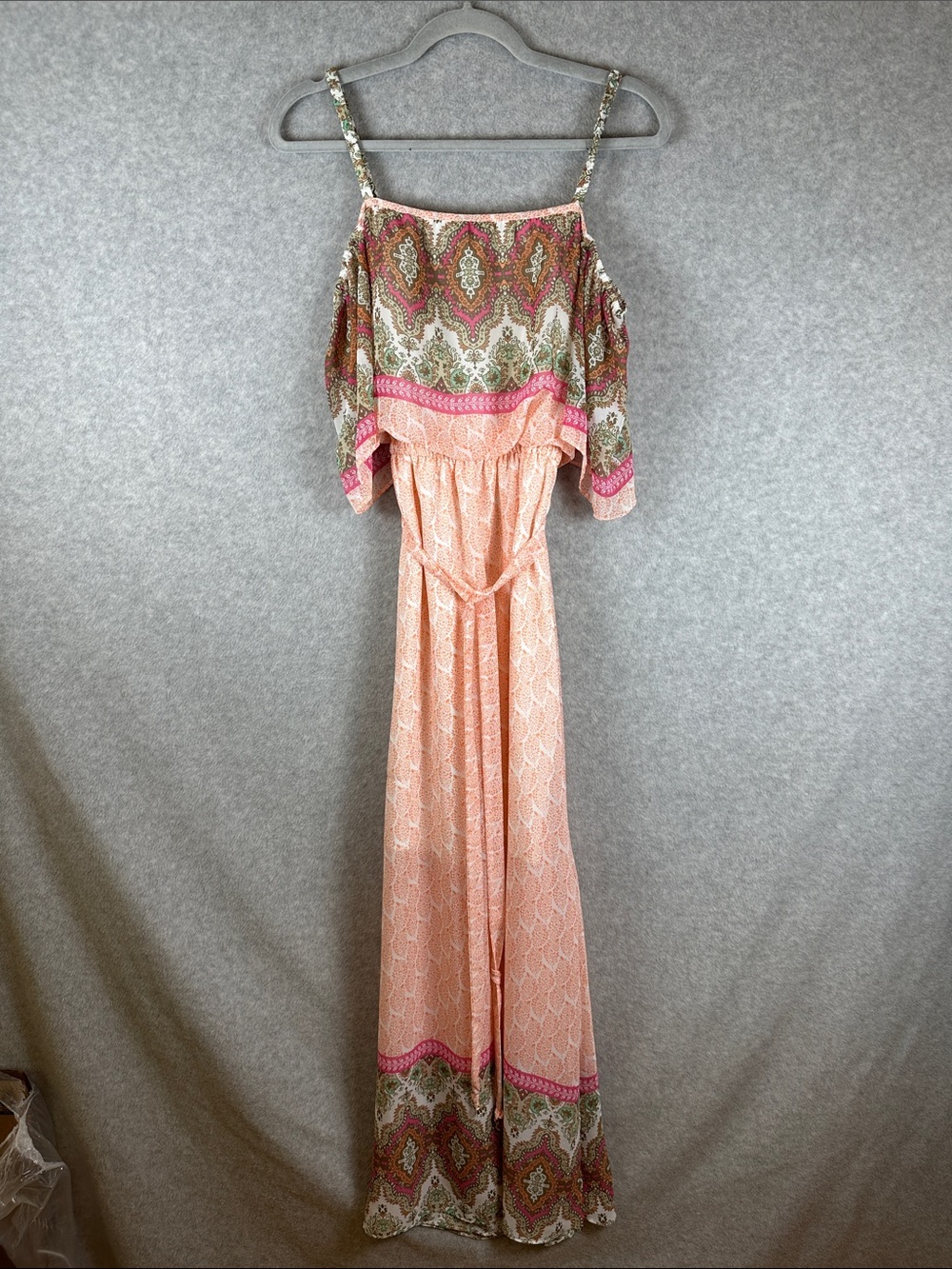 Wardrobe A Paisley Off-Shoulder Peach Maxi Dress with Tie Waist Size 6
